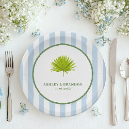Prato De Papel Tropical Blue Cabana Stripe Coastal Retro Wedding