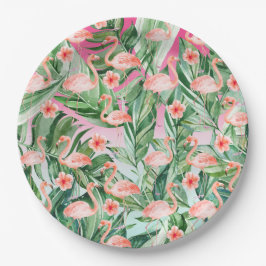 Prato De Papel Tropical Flamingo Hibiscus Rosa Mint Floral