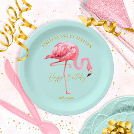 Prato De Papel Tropical Flamingo Sweet 16 Happy Birthday ID922