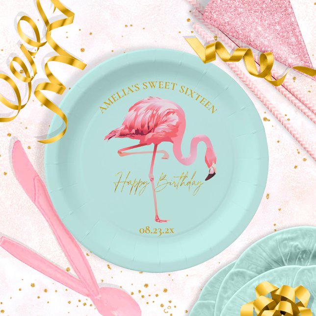 Prato De Papel Tropical Flamingo Sweet 16 Happy Birthday ID922 (Criador carregado)