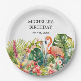 Prato De Papel Tropical Floral Flamingo Happy Birday
