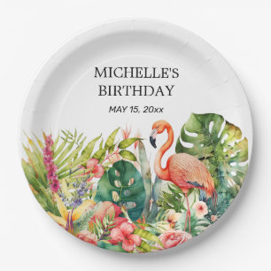 Prato De Papel Tropical Floral Flamingo Happy Birday