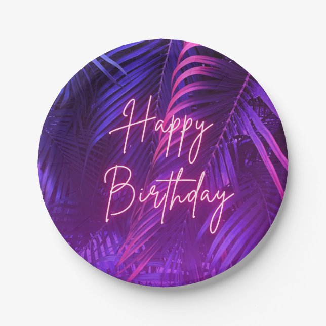 Prato De Papel Tropical Palm Leaf Happy Birthday Paper Plate (Frente)