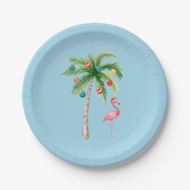 Prato De Papel Tropical Palm Tree Flamingo Holiday Party (Frente)