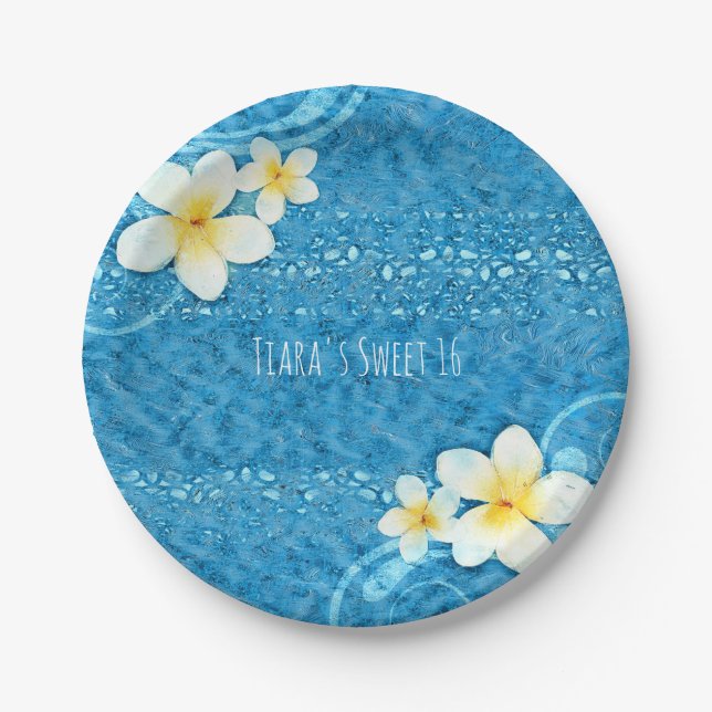 Prato De Papel Tropical Plumeria Flor Blue Summer Party (Frente)