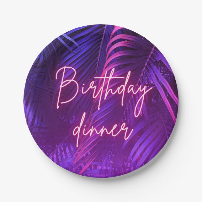 Prato De Papel Tropical Purple Palm Leaf Birthday Dinner (Frente)