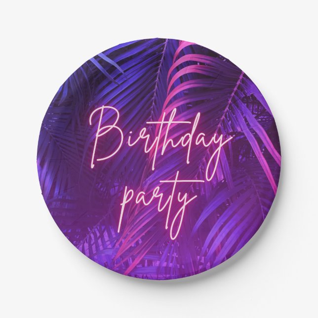 Prato De Papel Tropical Purple Palm Leaf Birthday Party (Frente)
