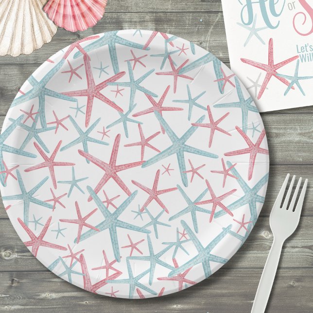 Prato De Papel Tropical Summer Beach Party (Teal Pink Coastal Tropical Starfish Summer Beach Paper Plates)