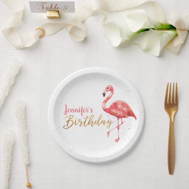 Prato De Papel Tropical Watercolor Flamingo Dourado Birday | (Casamento)