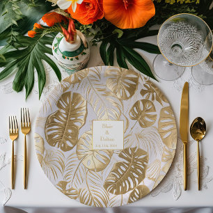 Prato De Papel Trópicos elegantes Casamento Dourado de Monstera