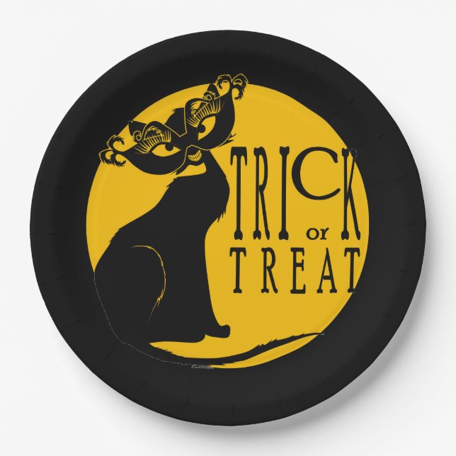 Prato De Papel Truque de Gato Negro Halloween ou Placas de Papel  (Frente)