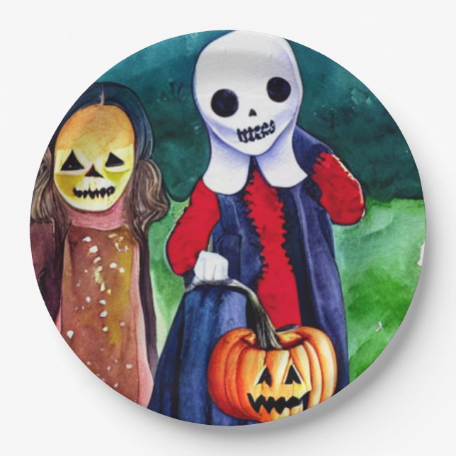 Prato De Papel Truque ou Tratadores de Halloween (Frente)