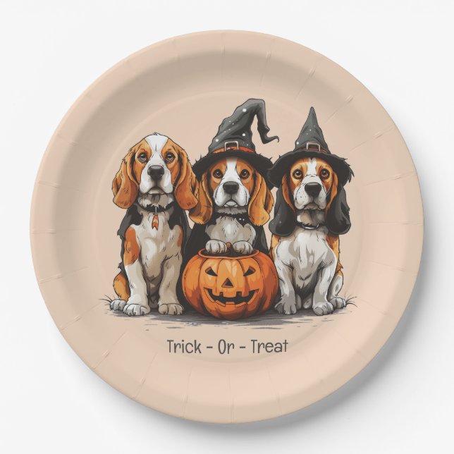 Prato De Papel Truque Ou Tratar Cães De Beagle Halloween (Frente)
