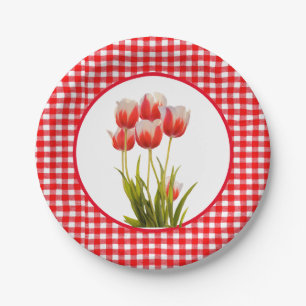 Prato De Papel  Tulipa Vermelha com Gingham 