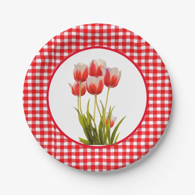 Prato De Papel  Tulipa Vermelha com Gingham  (Frente)