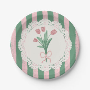 Prato De Papel Tulipa Vintage com Laço Rosa Coquette Caprichosa
