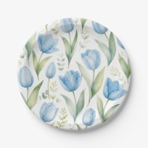 Prato De Papel Tulipas Azuis Pintura Floral Aquarela Botânica