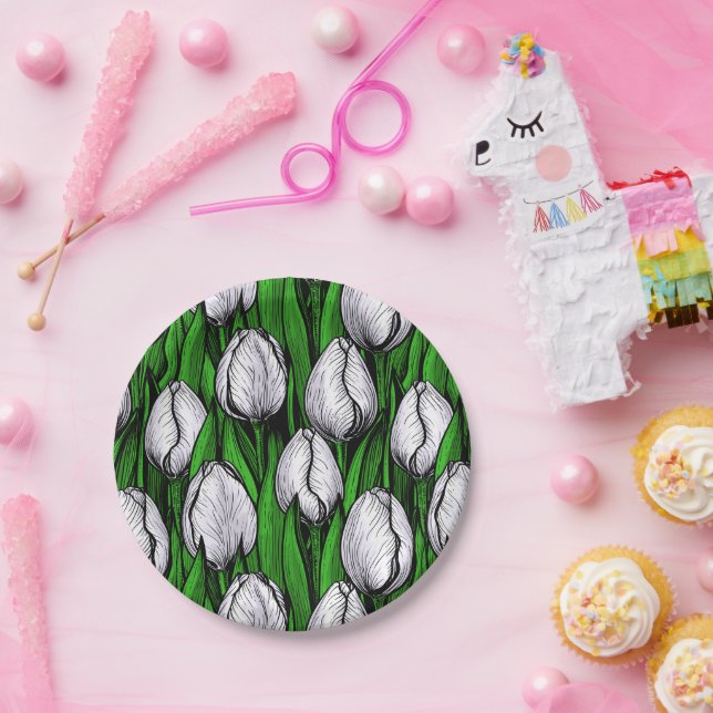 Prato De Papel Tulipas brancas com folhas verdes (Festa)