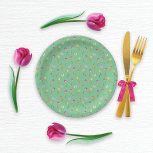 Prato De Papel Tulipas e borboletas Padrão Verde