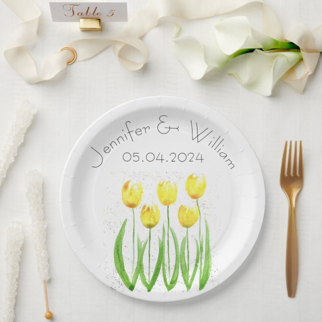 Prato De Papel Tulipas flores aquarela Casamento Russo Amarelo (Casamento)