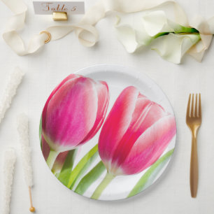 Prato De Papel Tulipas Rosa com Foto de Folhas Verdes