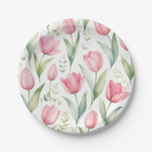 Prato De Papel Tulipas Rosa Pintura Floral Aquarela Botânica