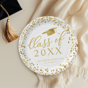 Prato De Papel Turma De 2021 Elegante Graduação Dourada e Branca