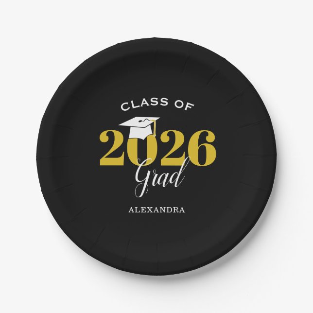 Prato De Papel Turma de 2026 Graduado Simples Preto e Dourado (Frente)