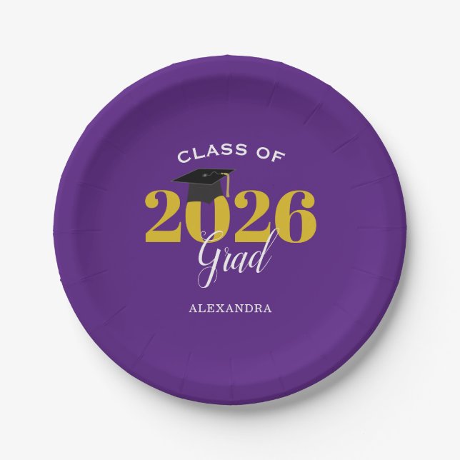 Prato De Papel Turma de 2026 Graduado Simples Roxo e Dourado (Frente)