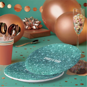 Prato De Papel Turquesa Aqua Green Sparkle