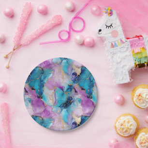 Prato De Papel Turquesa Aqua Purple Dourado Marble