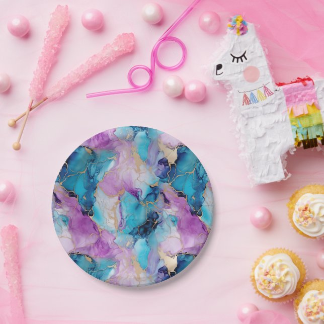 Prato De Papel Turquesa Aqua Purple Dourado Marble (Festa)