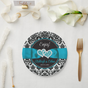 Prato De Papel Turquesa, Black Damask Love Heart Casamento
