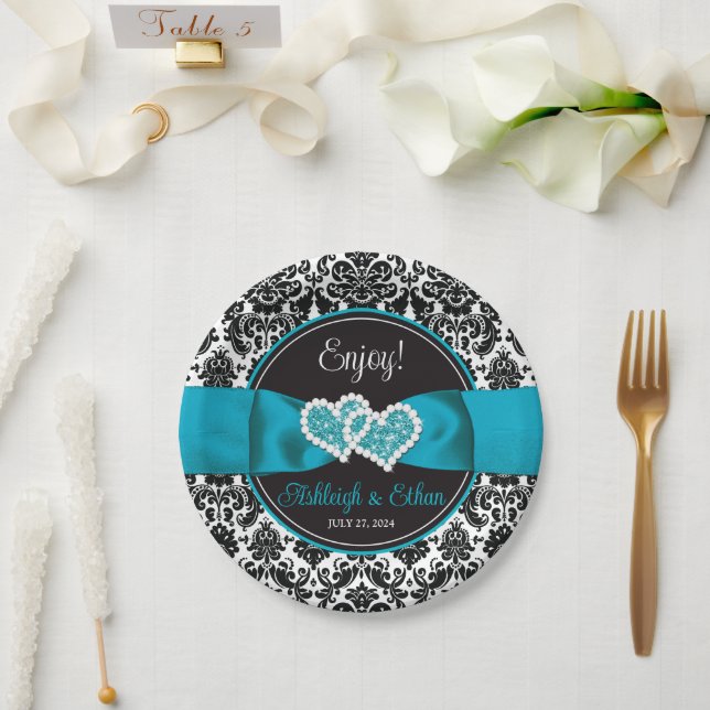 Prato De Papel Turquesa, Black Damask Love Heart Casamento (Casamento)