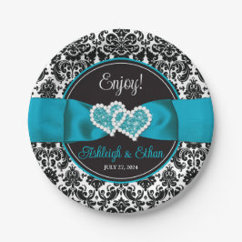 Prato De Papel Turquesa, Black Damask Love Heart Casamento