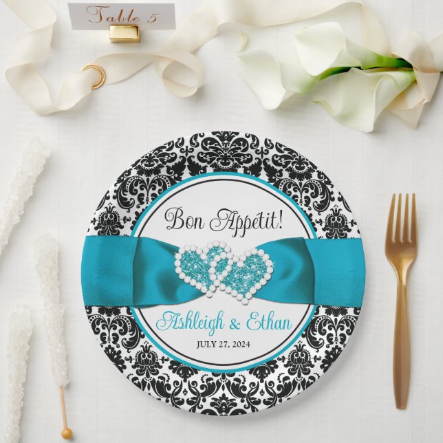 Prato De Papel Turquesa, Black Damask Love Heart Casamento (Casamento)