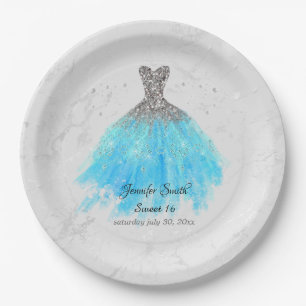 Prato De Papel Turquesa Blue Vress Glitter Doce Dezesseis