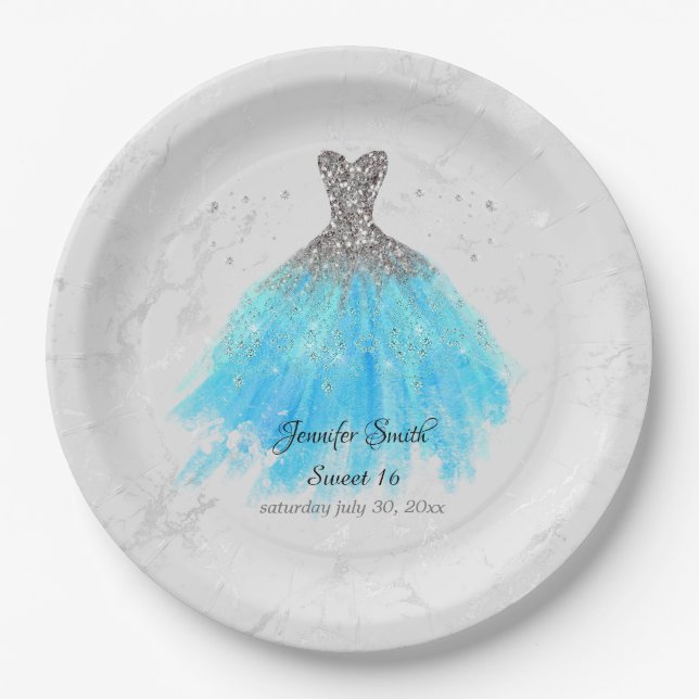 Prato De Papel Turquesa Blue Vress Glitter Doce Dezesseis (Frente)