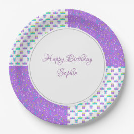 Prato De Papel Turquesa e Aniversário Roxo Personalizados
