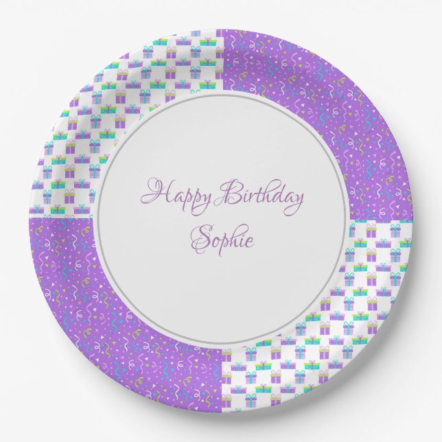 Prato De Papel Turquesa e Aniversário Roxo Personalizados (Frente)