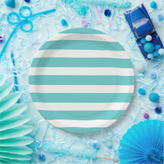 Prato De Papel Turquesa e Stripes Brancas