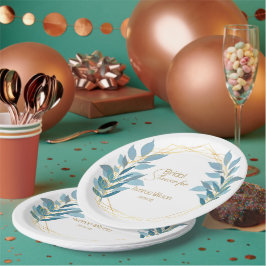 Prato De Papel Turquesa Floral Azul e Dourado