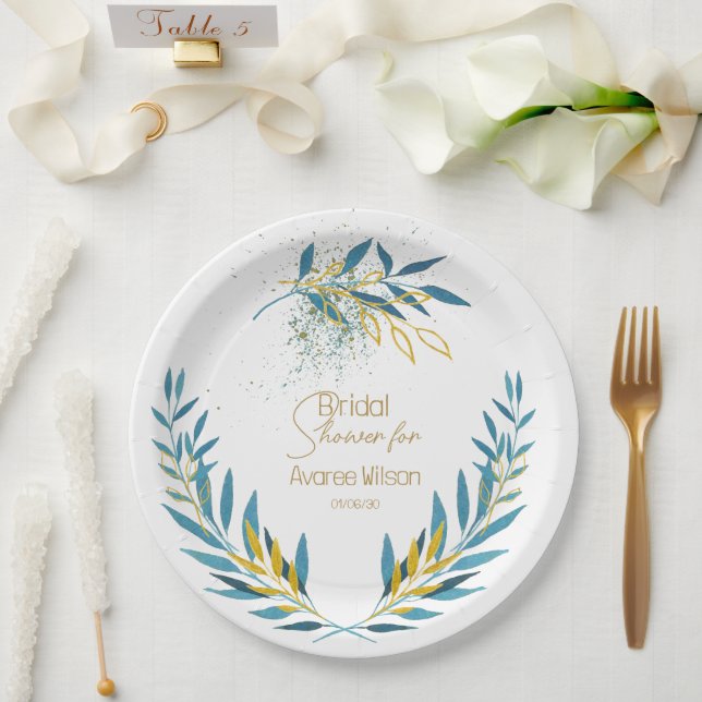 Prato De Papel Turquesa Floral Azul e Dourado (Casamento)