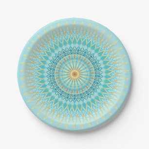 Prato De Papel Turquoise Dourada Boho Mandala