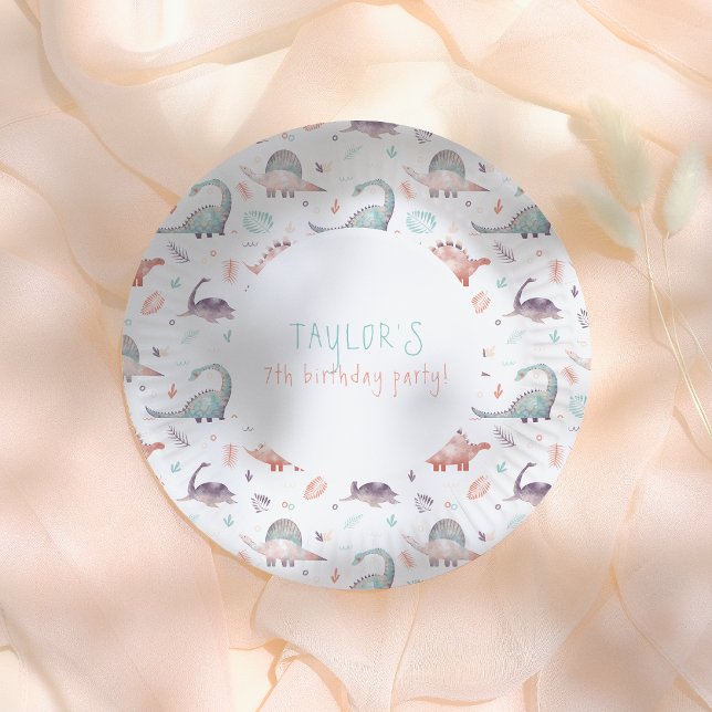 Prato De Papel Turquoise Girl Dinosaur Birthday Party (Criador carregado)