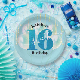 Prato De Papel Turquoise Glitter Sweet 16 Birthday Balloon Script