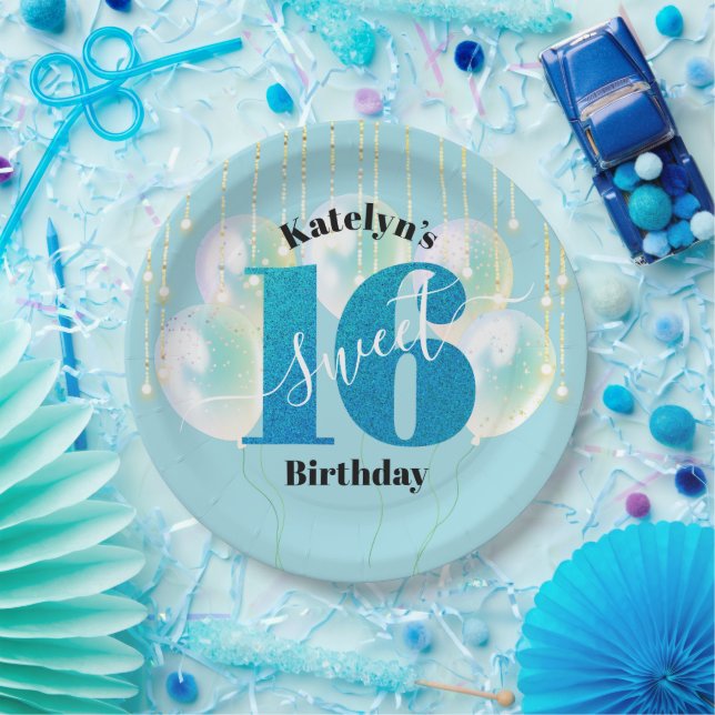 Prato De Papel Turquoise Glitter Sweet 16 Birthday Balloon Script (Festa)