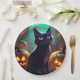 Prato De Papel Tuxedo Gato De Halloween Com Pumpkins Assustado