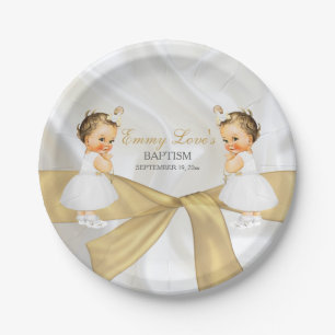 Prato De Papel Twin Baby Girls Baptism Christening Dourado White