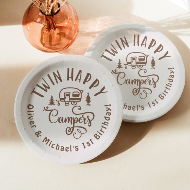 Prato De Papel Twin Happy Campers primeiro aniversario mínimo mar (Criador carregado)